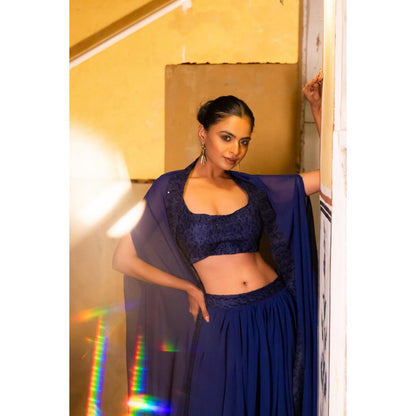 DEASHA INDIA Dia Navy Blue Detailed Lehenga with Blouse and Cape (Set of 3)