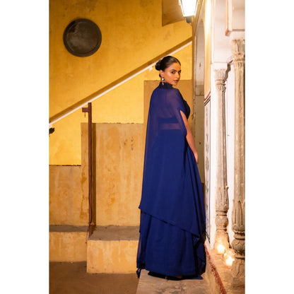 DEASHA INDIA Dia Navy Blue Detailed Lehenga with Blouse and Cape (Set of 3)