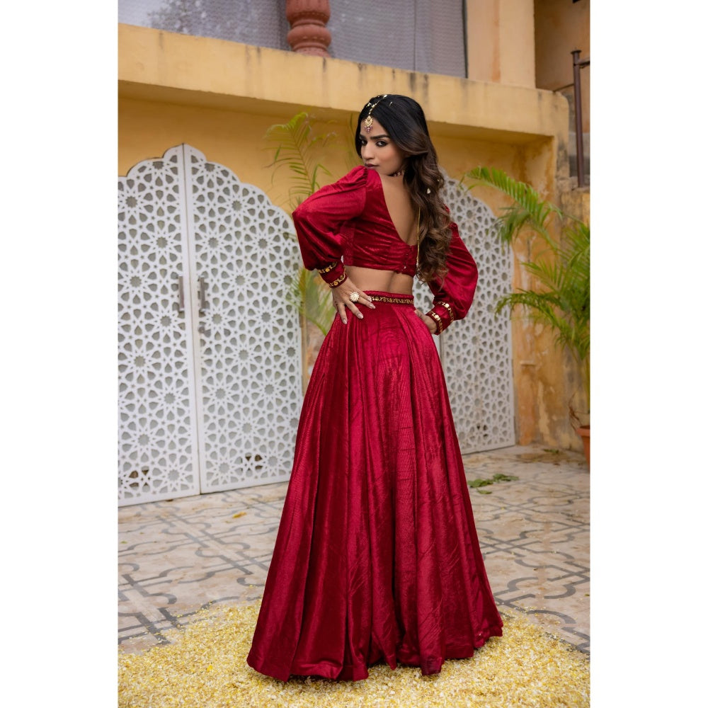 DEASHA INDIA Maryam Red Velvet Detailed Lehenga with Crop Top (Set of 2)
