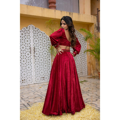 DEASHA INDIA Maryam Red Velvet Detailed Lehenga with Crop Top (Set of 2)