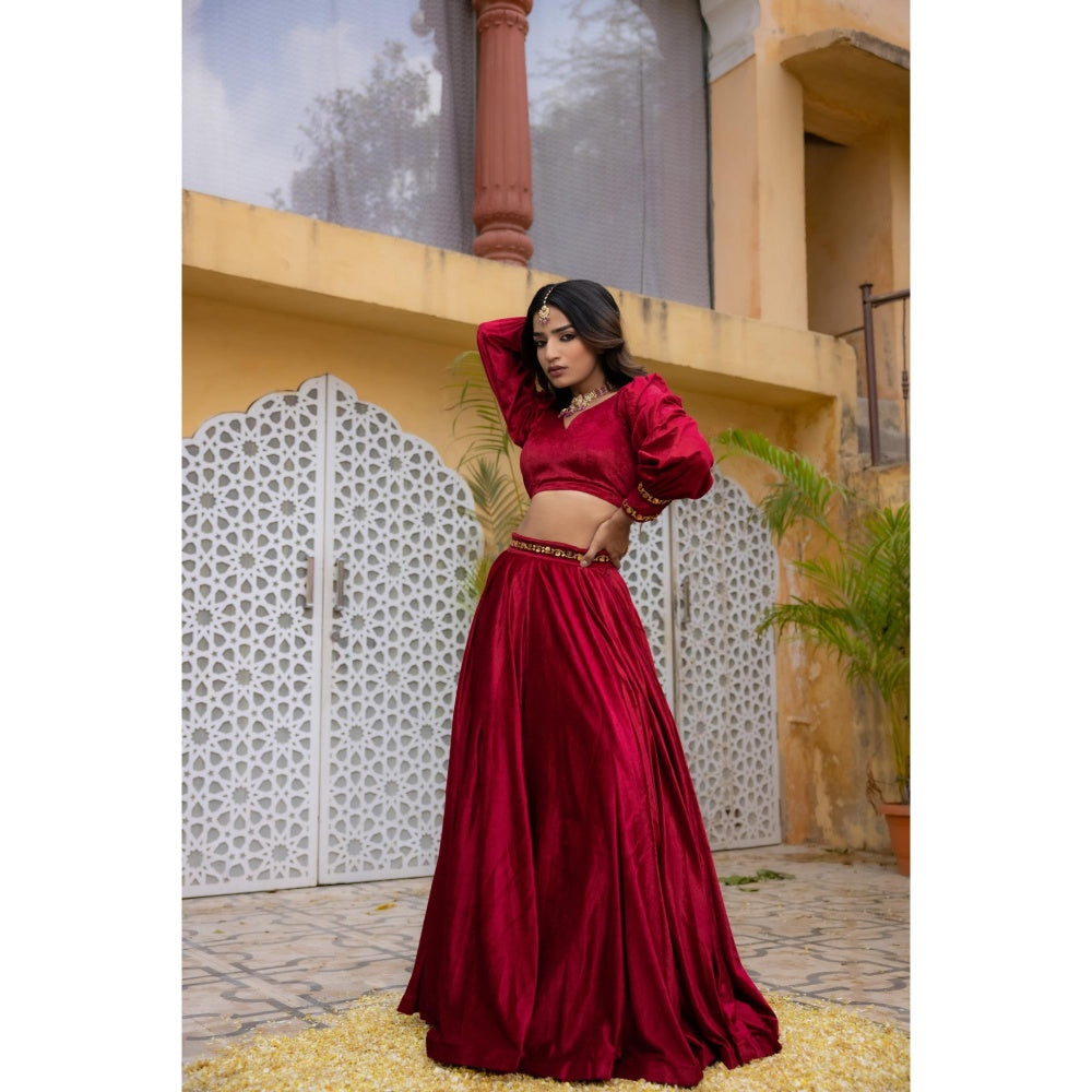 DEASHA INDIA Maryam Red Velvet Detailed Lehenga with Crop Top (Set of 2)