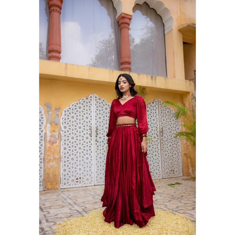 DEASHA INDIA Maryam Red Velvet Detailed Lehenga with Crop Top (Set of 2)