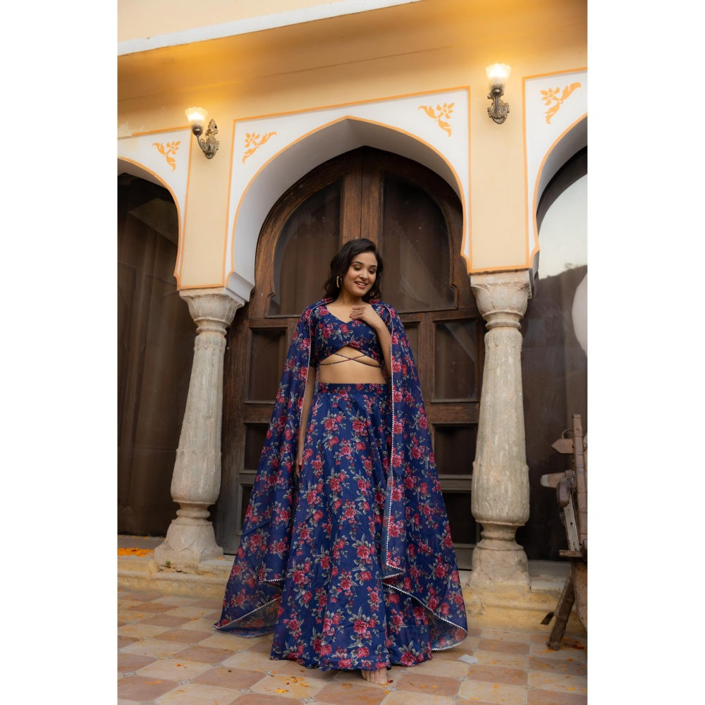 DEASHA INDIA Saira Blue Floral Printed Lehenga with Blouse and Dupatta (Set of 3)