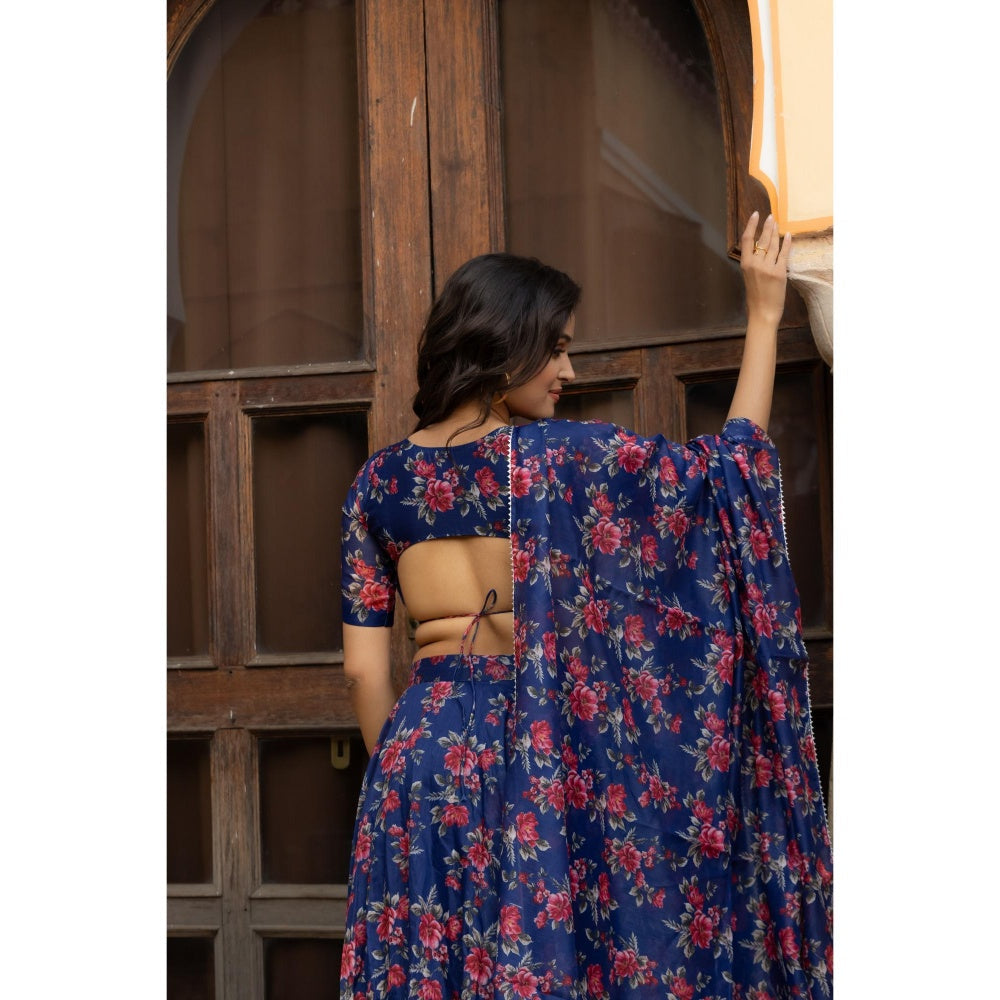 DEASHA INDIA Saira Blue Floral Printed Lehenga with Blouse and Dupatta (Set of 3)