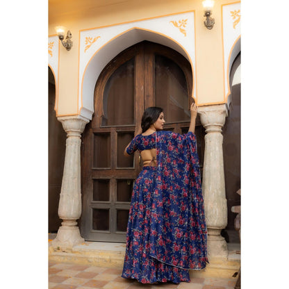 DEASHA INDIA Saira Blue Floral Printed Lehenga with Blouse and Dupatta (Set of 3)
