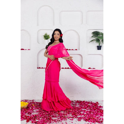 DEASHA INDIA Gia French Rose Pink Ruffle Pre Draped Saree with Stitched Blouse