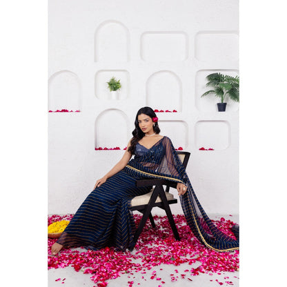 DEASHA INDIA Kairi Midnight Blue Pre Draped Saree with Stitched Blouse