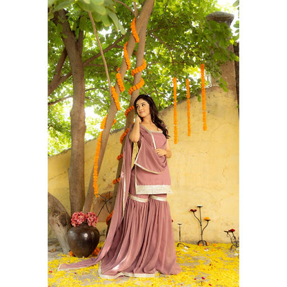 DEASHA INDIA Avya Mauve Detailed Sharara with Short Kurta and Dupatta (Set of 3)
