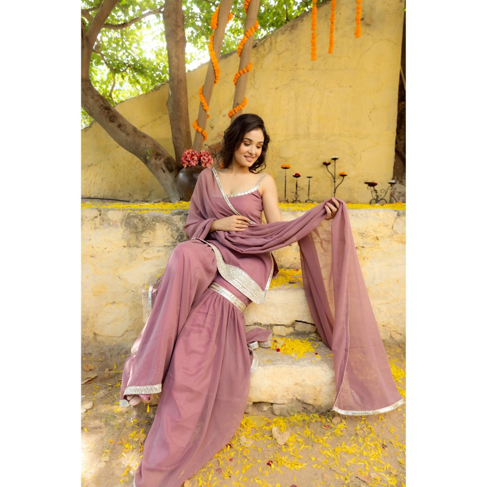 DEASHA INDIA Avya Mauve Detailed Sharara with Short Kurta and Dupatta (Set of 3)