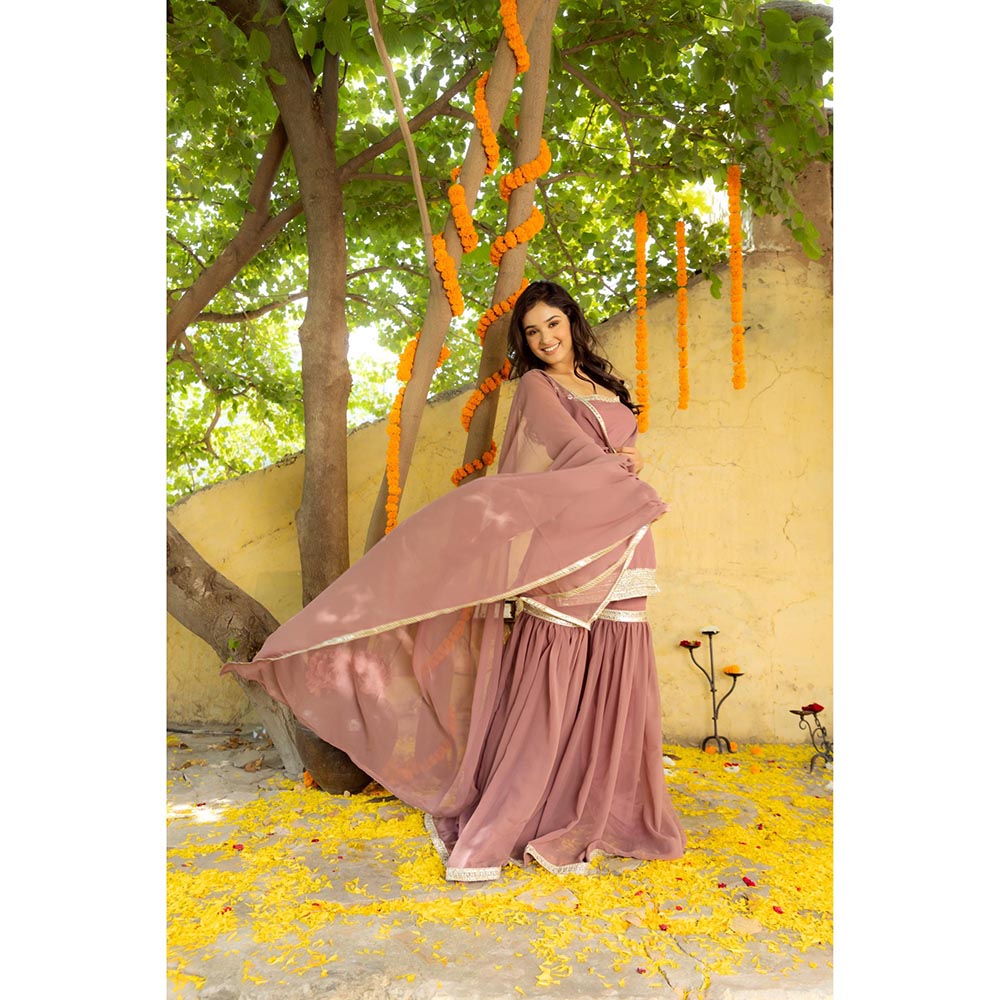 DEASHA INDIA Avya Mauve Detailed Sharara with Short Kurta and Dupatta (Set of 3)