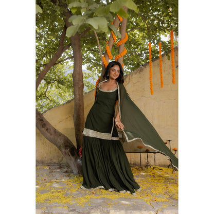 DEASHA INDIA Firdaus Mehendi Green Detailed Sharara with Short Kurta and Dupatta (Set of 3)