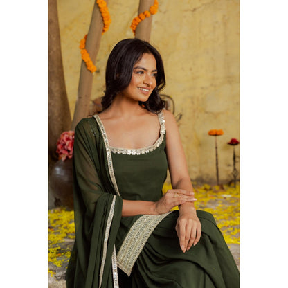DEASHA INDIA Firdaus Mehendi Green Detailed Sharara with Short Kurta and Dupatta (Set of 3)
