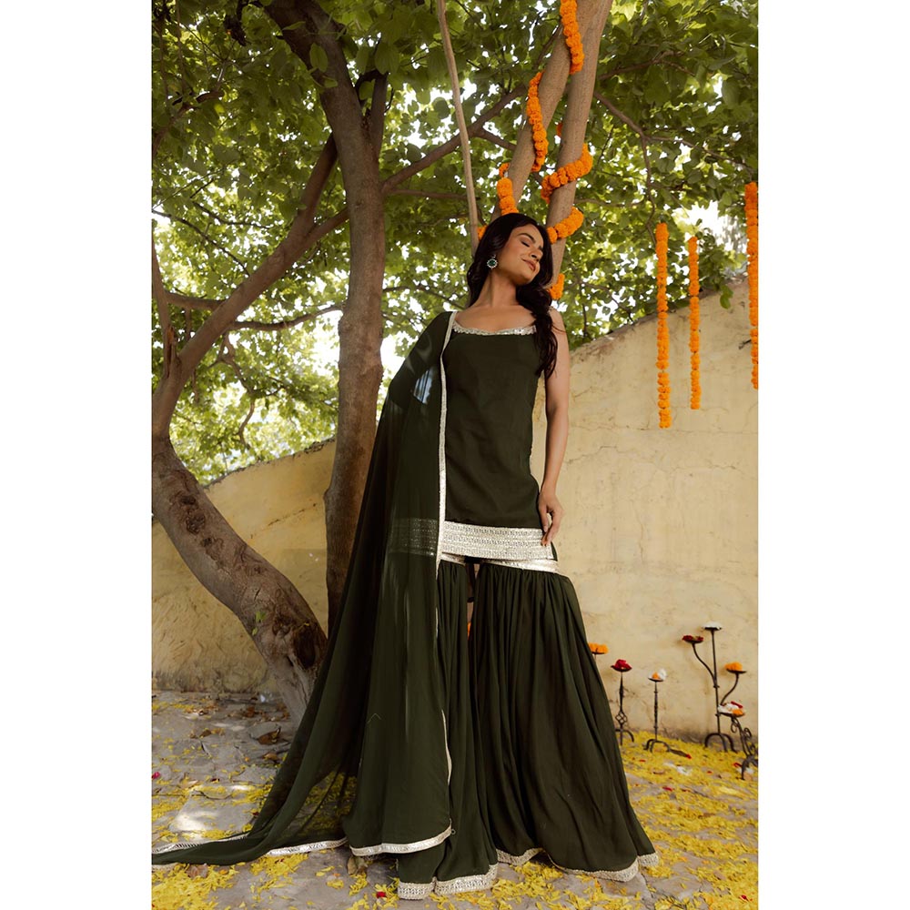 DEASHA INDIA Firdaus Mehendi Green Detailed Sharara with Short Kurta and Dupatta (Set of 3)