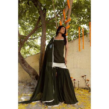 DEASHA INDIA Firdaus Mehendi Green Detailed Sharara with Short Kurta and Dupatta (Set of 3)