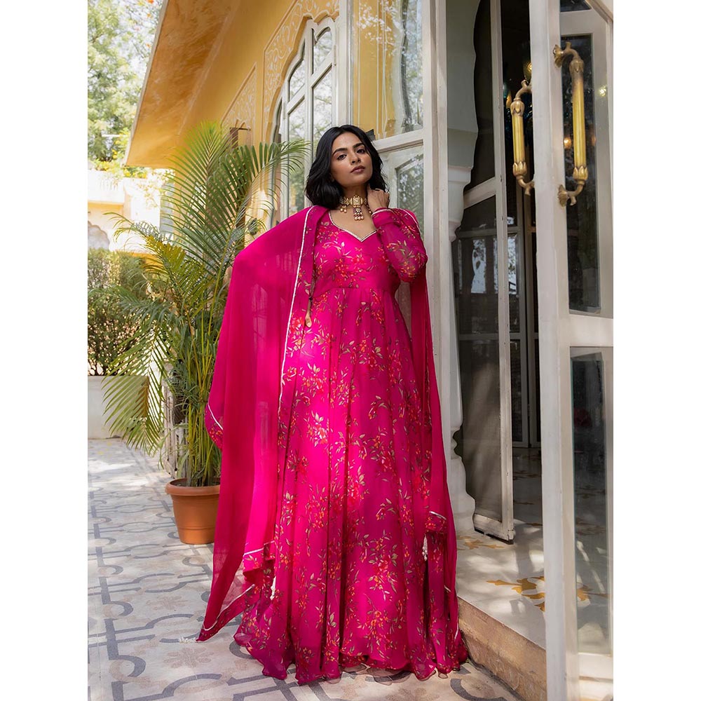 DEASHA INDIA Idika Magenta Floral Printed Anarkali with Pant and Dupatta (Set of 3)
