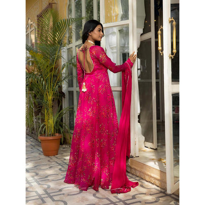 DEASHA INDIA Idika Magenta Floral Printed Anarkali with Pant and Dupatta (Set of 3)