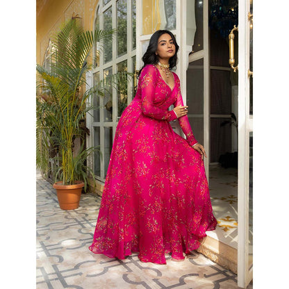 DEASHA INDIA Idika Magenta Floral Printed Anarkali with Pant and Dupatta (Set of 3)