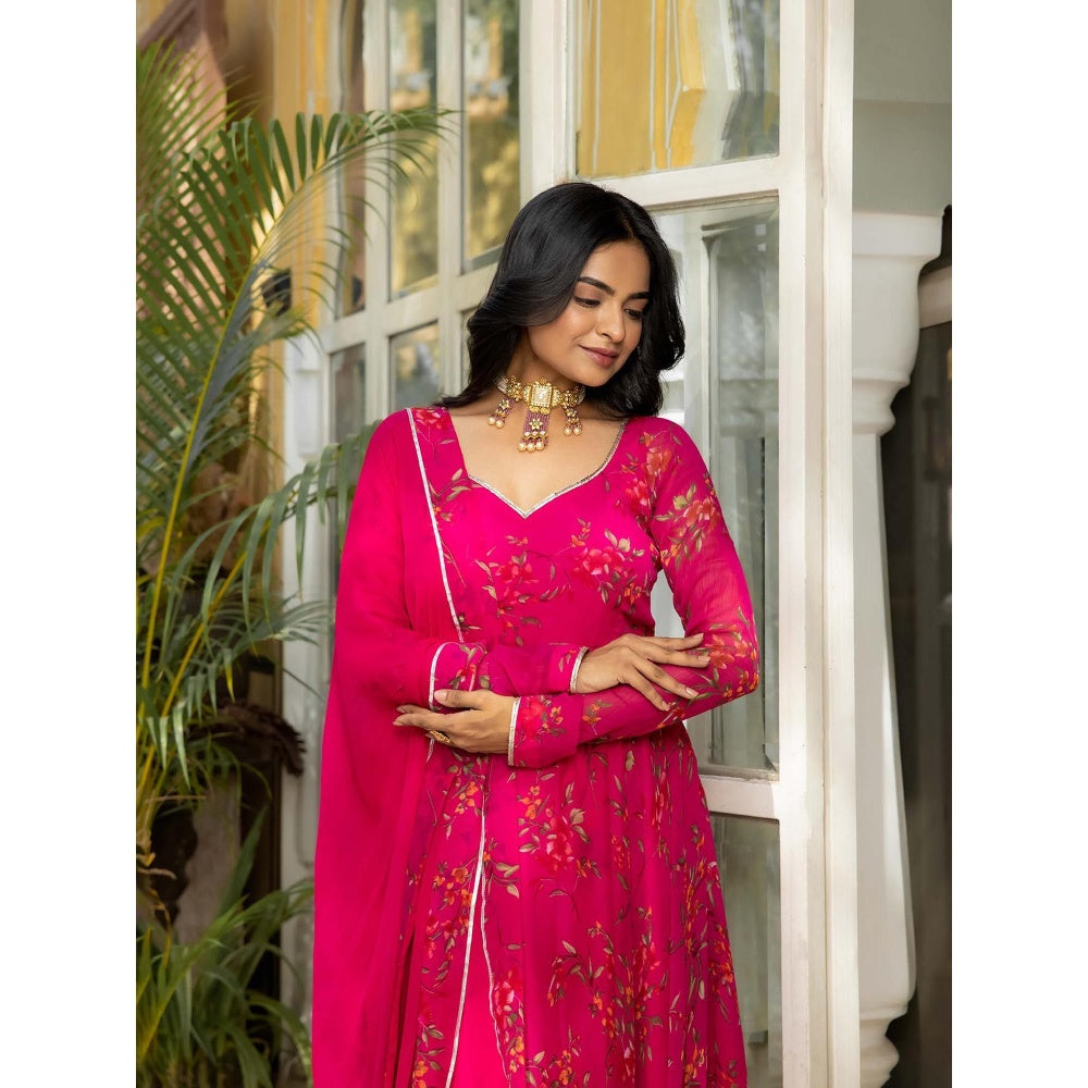DEASHA INDIA Idika Magenta Floral Printed Anarkali with Pant and Dupatta (Set of 3)
