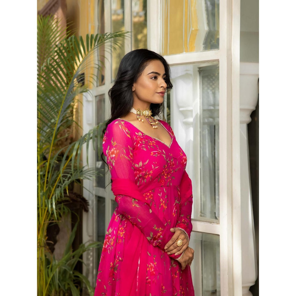 DEASHA INDIA Idika Magenta Floral Printed Anarkali with Pant and Dupatta (Set of 3)