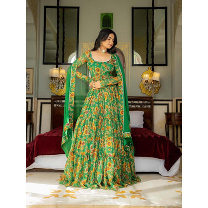 DEASHA INDIA Ishya Green Floral Printed Tiered Anarkali with Pant and Dupatta (Set of 3)