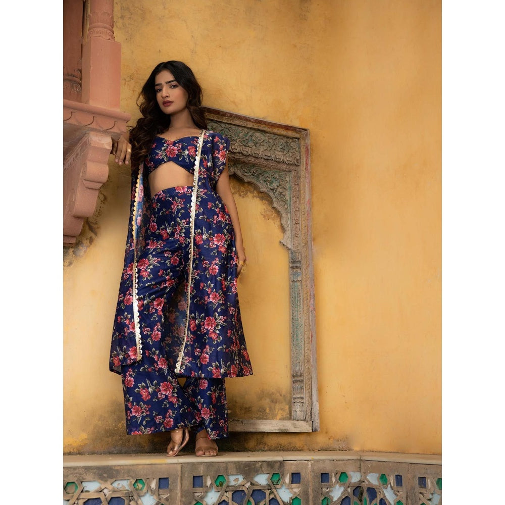 DEASHA INDIA Clara Ford Blue Floral Printed Bustier with Palazzo and Cape (Set of 3)