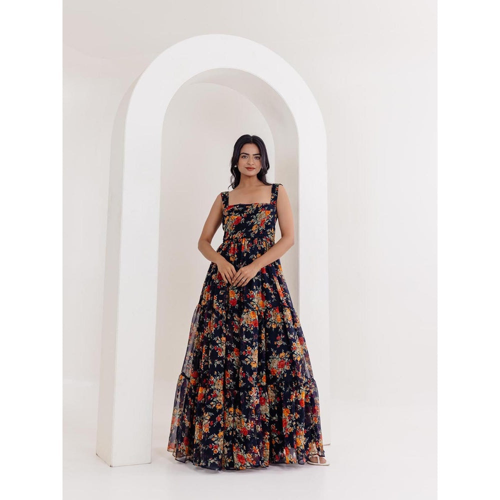 DEASHA INDIA Ruhi Black Floral Printed Long Dress