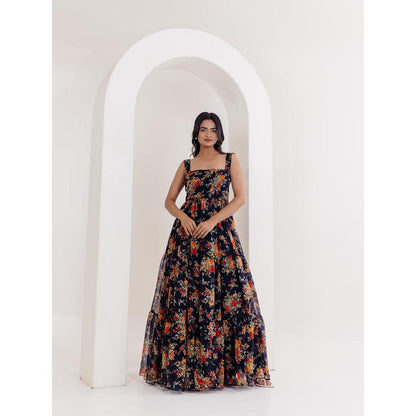 DEASHA INDIA Ruhi Black Floral Printed Long Dress