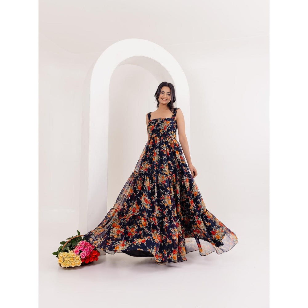 DEASHA INDIA Ruhi Black Floral Printed Long Dress