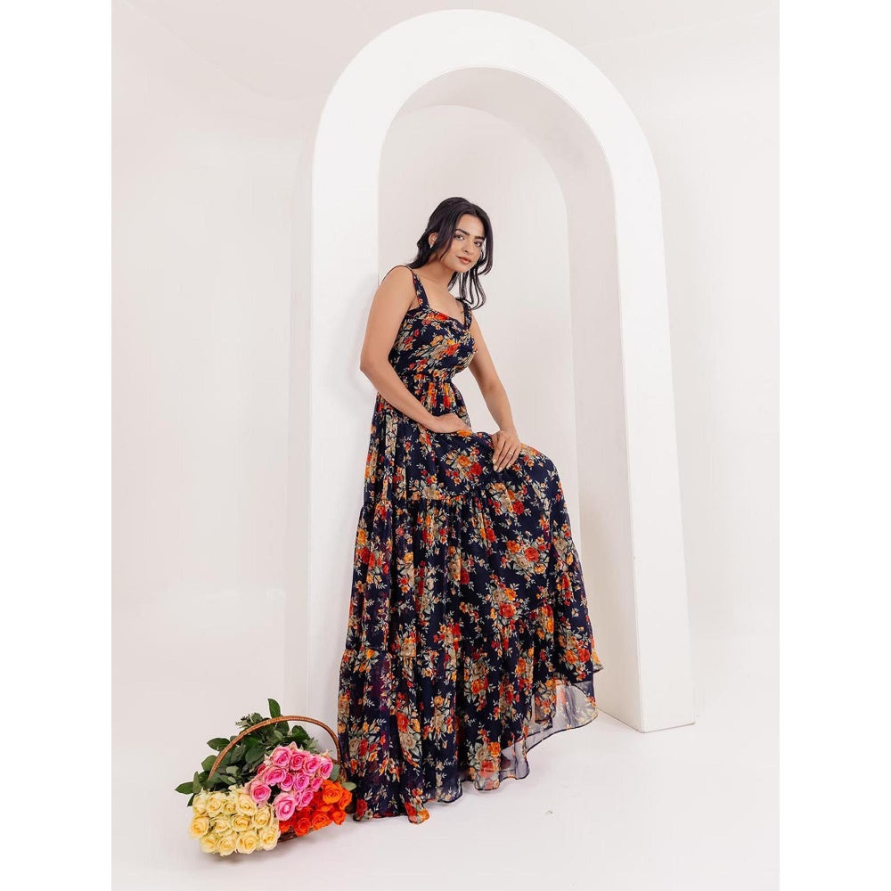 DEASHA INDIA Ruhi Black Floral Printed Long Dress