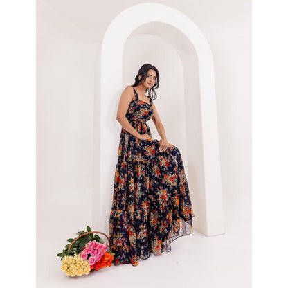 DEASHA INDIA Ruhi Black Floral Printed Long Dress