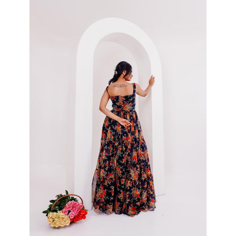 DEASHA INDIA Ruhi Black Floral Printed Long Dress