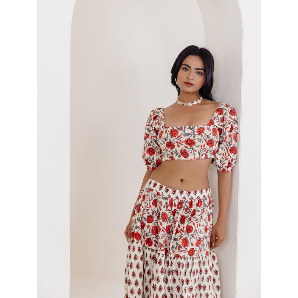 DEASHA INDIA White Enora Cotton Floral Printed Crop Top with Skirt (Set of 2)