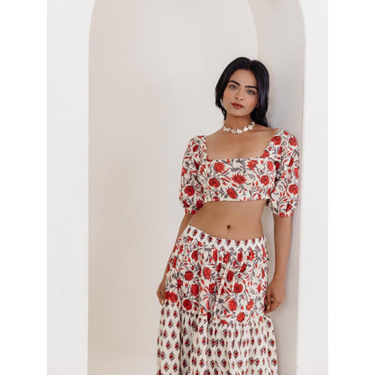 DEASHA INDIA White Enora Cotton Floral Printed Crop Top with Skirt (Set of 2)