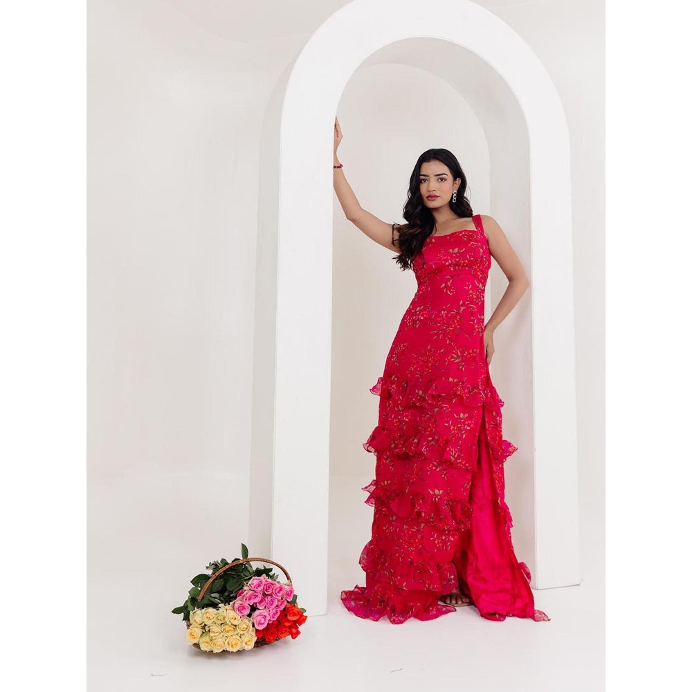 DEASHA INDIA Rumi Magenta Pink Floral Side Slit Long Dress