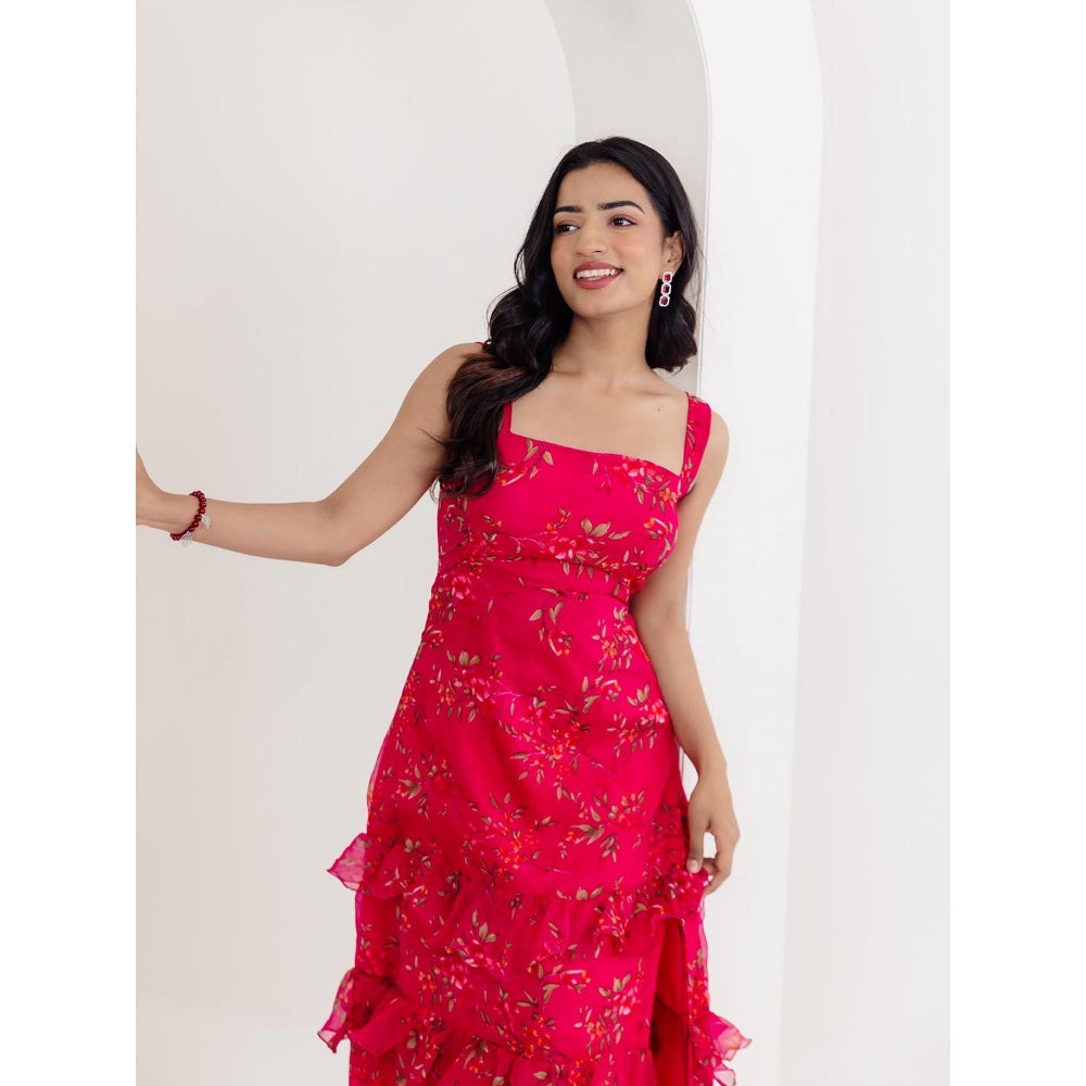 DEASHA INDIA Rumi Magenta Pink Floral Side Slit Long Dress