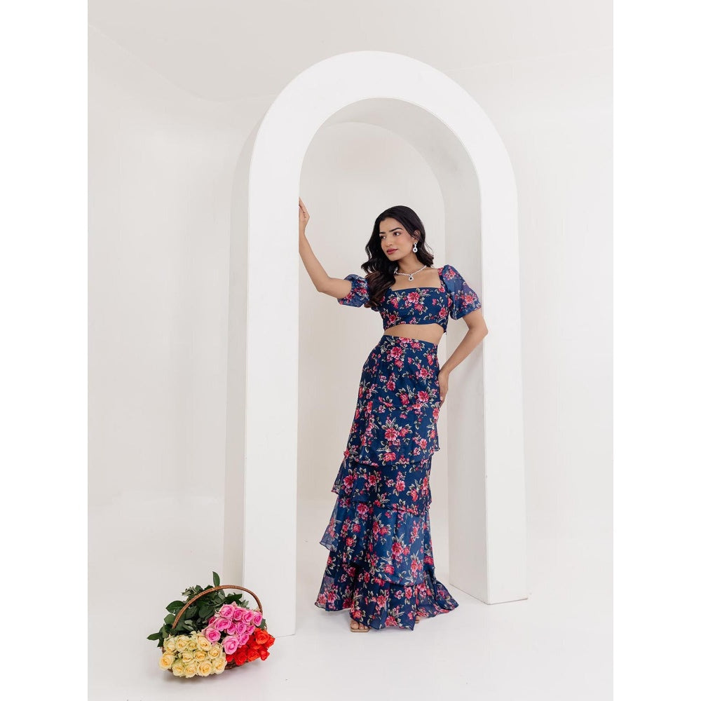 DEASHA INDIA Liana Navy Blue Floral Printed Crop Top with Skirt (Set of 2)