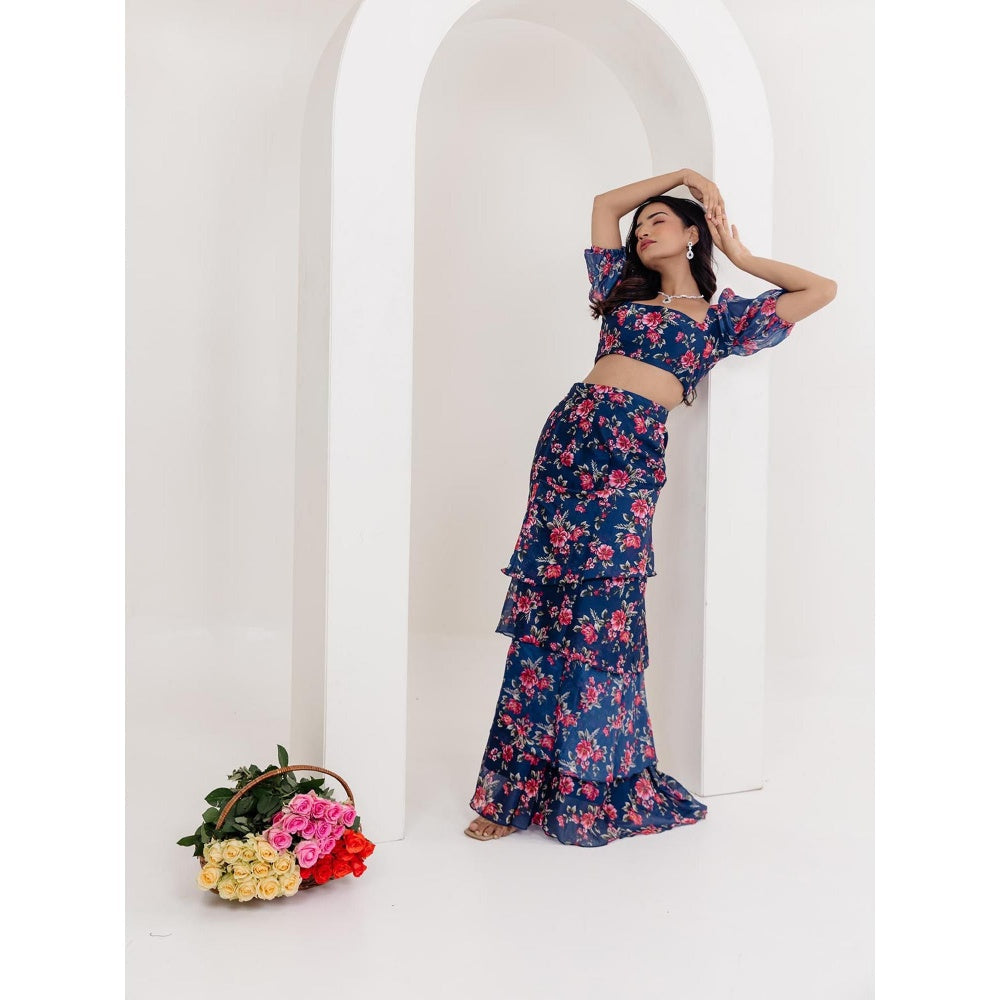 DEASHA INDIA Liana Navy Blue Floral Printed Crop Top with Skirt (Set of 2)