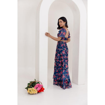 DEASHA INDIA Liana Navy Blue Floral Printed Crop Top with Skirt (Set of 2)
