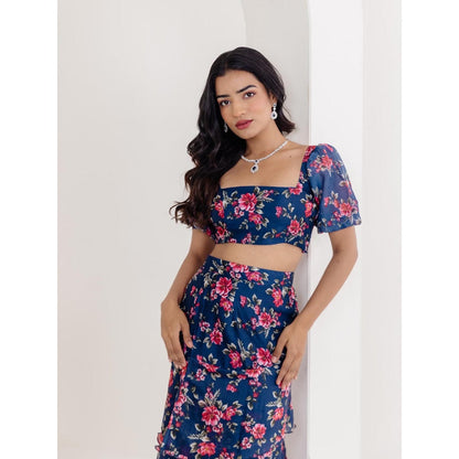 DEASHA INDIA Liana Navy Blue Floral Printed Crop Top with Skirt (Set of 2)