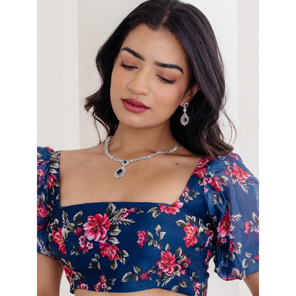 DEASHA INDIA Liana Navy Blue Floral Printed Crop Top with Skirt (Set of 2)