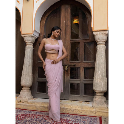 DEASHA INDIA Pink Pre Draped Saree with Stitched Blouse