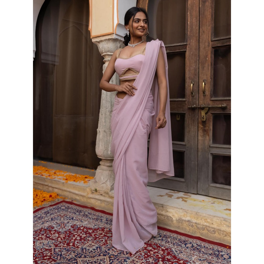 DEASHA INDIA Pink Pre Draped Saree with Stitched Blouse