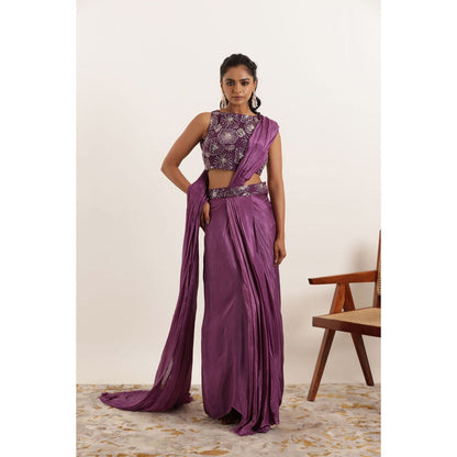 DEASHA INDIA Nishaat Regal Purple Silk Pre Draped Saree with Stitched Blouse