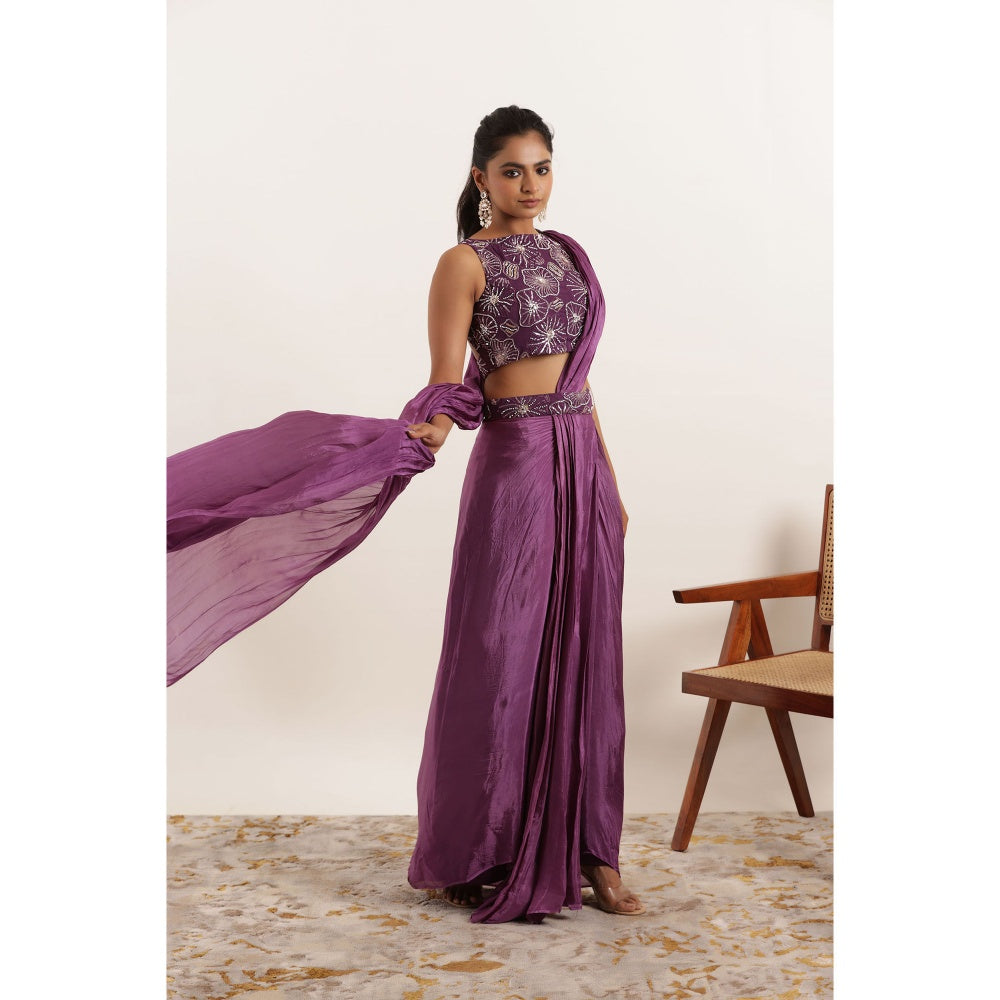 DEASHA INDIA Nishaat Regal Purple Silk Pre Draped Saree with Stitched Blouse
