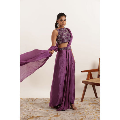 DEASHA INDIA Nishaat Regal Purple Silk Pre Draped Saree with Stitched Blouse