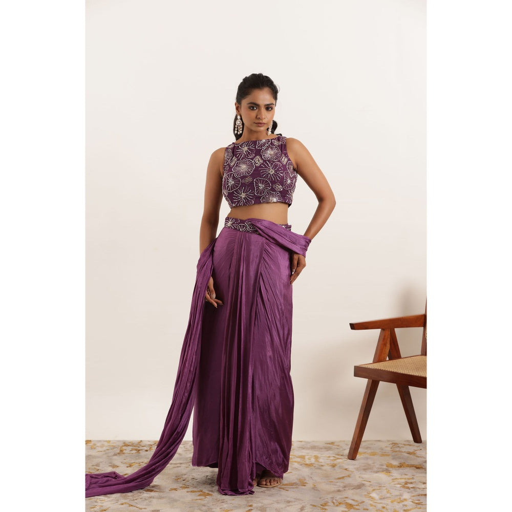 DEASHA INDIA Nishaat Regal Purple Silk Pre Draped Saree with Stitched Blouse