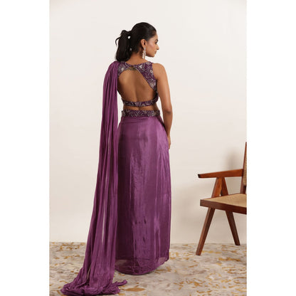 DEASHA INDIA Nishaat Regal Purple Silk Pre Draped Saree with Stitched Blouse