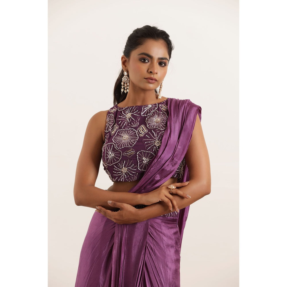 DEASHA INDIA Nishaat Regal Purple Silk Pre Draped Saree with Stitched Blouse