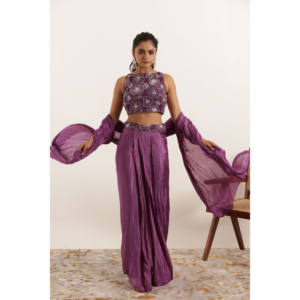 DEASHA INDIA Nishaat Regal Purple Silk Pre Draped Saree with Stitched Blouse