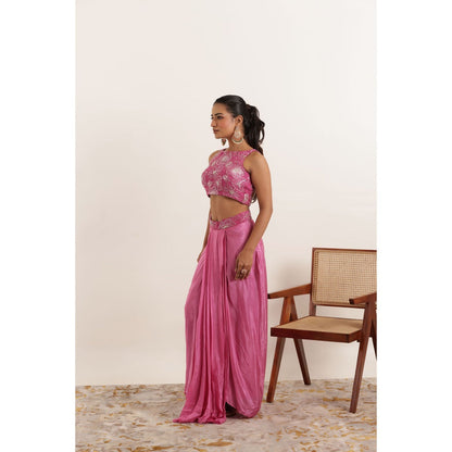 DEASHA INDIA Nazah Pink Pure Silk Pre Draped Saree with Stitched Blouse